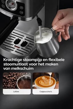 Espressomachine 20 Bar met Melkopschuimer – RVS Espresso Filtermachine – Italiaanse Ulka-pomp – Touchscreen met Drukweergave – 1350 W – 1,3 L – Voor Espresso, Cappuccino & Latte — thumbnail 5