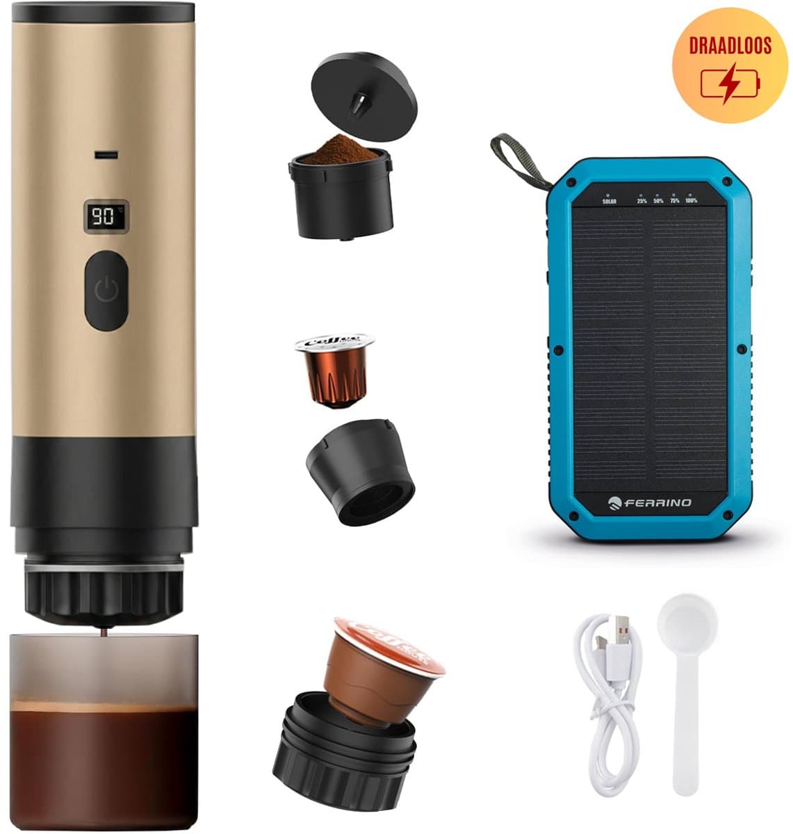 Best Active - 3-in-1 Draagbare Koffiemachine - Inclusief 10.000 mAh Solar Powerbank - Draagbaar Koffiezetapparaat - Cups en Gemalen Koffie - Draagbaar en Oplaadbaar - Espressomachine - Goud — afbeelding 1