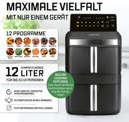 GOURMETmaxx FryUp XL verticale heteluchtfriteuse met dubbele kamer - 12 l | Airfryer met 9,6 inch multicolor led-touchdisplay en 12 programma's | Heteluchtfriteuse met 2 kamers | SYNC- en MATCH-functie — thumbnail 4