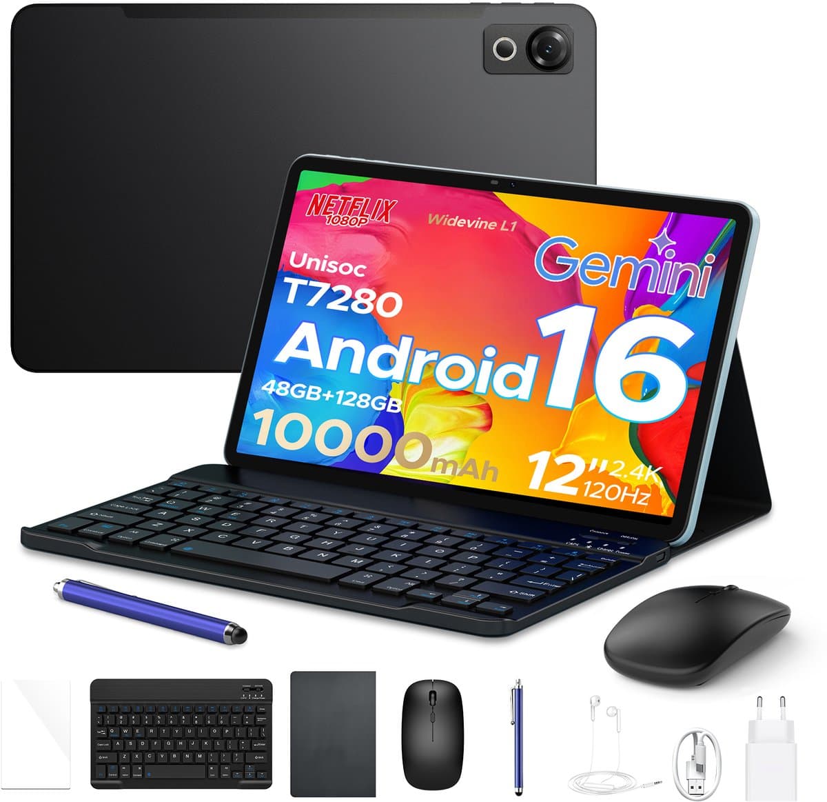 Aorlym P12 - Tablet - 48 GB RAM (8+40 GB) - 128 GB ROM (2TB/TF) - 12 inch 2K 120 Hz IPS - Android 16 - 10000 mAh /18 W - T7280 OctaCore - Dubbele camera - WiFi 5 - Bluetooth - Face ID - Toetsenbord - Stylus meegeleverd - Zwart — afbeelding 1