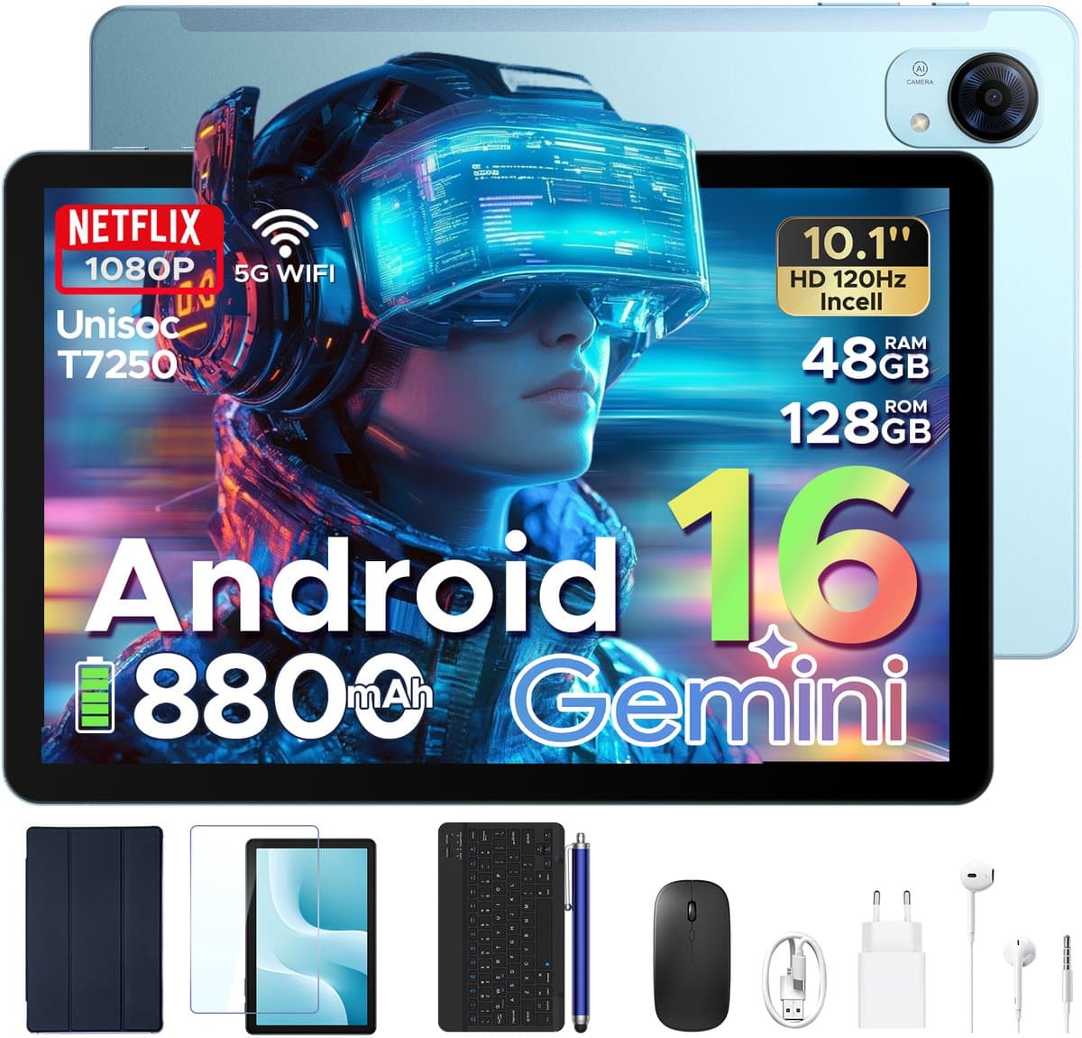 POCKAM P10 Pro - Tablet - 48 GB RAM (8+40 GB) + 128 GB ROM (2 TB/TF) - Android 16 - 10,1 inch HD 120 Hz - 8800 mAh - Gemini AI - T7250 Octa Core - Face ID - Dubbele luidsprekers, complete accessoirebundel met toetsenbord en stylus — afbeelding 1