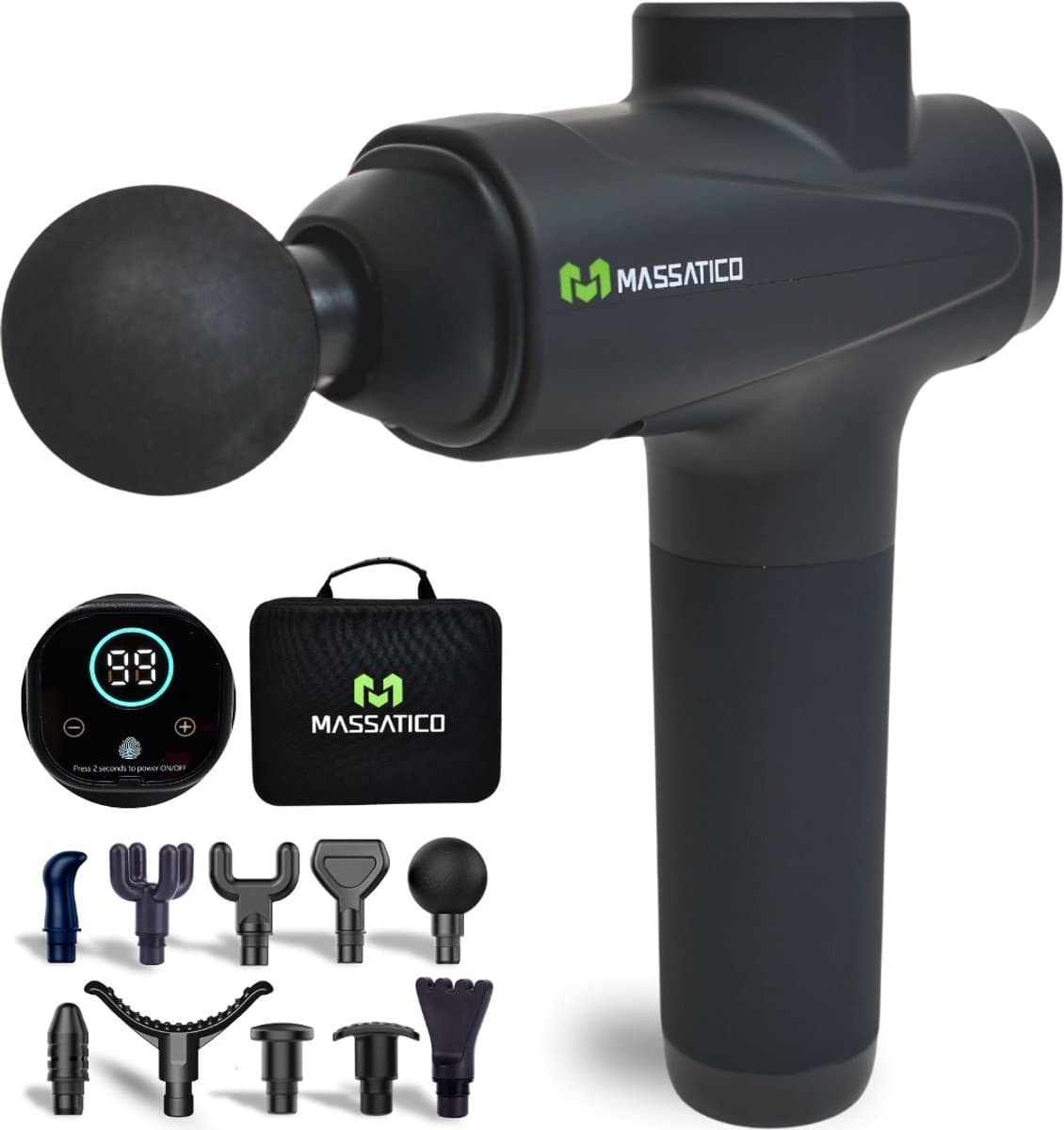Massatico Massage Gun Premium – Professioneel Massage Apparaat – Massageapparaat Massagegun – Massage Pistool – 10 Opzetstukken – 30 Snelheden – Met Luxe Koffer – Zwart — afbeelding 1