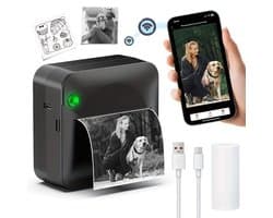 Microprinter - Zakprinter - Thermische stickerprinter zonder inkt - Draadloze draagbare bonnenprinter - voor foto's, agenda's, notities en memo's - inclusief 1 rol thermisch papier - zwart