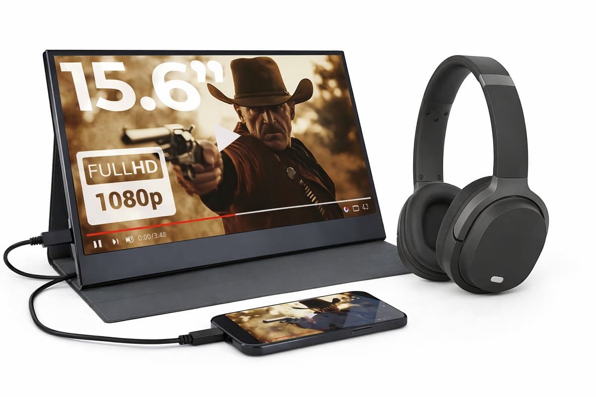 Portable Monitor + Over Ear Koptelefoon - Games / Presentaties / Smartphone / Laptop - Full HD - 15.6" - Draagbare Monitor Scherm - Inclusief AUX / HDMI / Lederen Hoes / USB-C — afbeelding 1