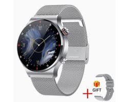 Knobbout 1,28" IPS inch Touchscreen smartwatch- Met de roterende knop wissel je snel tussen schermen- Persoonlijk Wijzerplaatontwerp - Bluetooth bellen en contacten synchronisatie - zilver staal+siliconen horlogeband