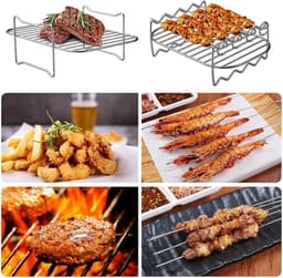 2-delig grillrooster - Stoomrek voor frituurpan - Dubbellaags grillrooster van roestvrij staal - Vierkant barbecuenet - Accessoires voor airfryer - met 4 vleesspiesnaald - Voor frituurpannen, ovens en magnetrons (zilver - diverse maten) — thumbnail 5