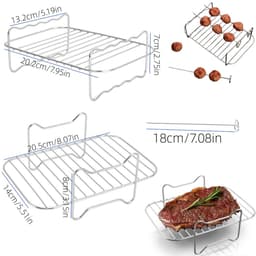 2-delig grillrooster - Stoomrek voor frituurpan - Dubbellaags grillrooster van roestvrij staal - Vierkant barbecuenet - Accessoires voor airfryer - met 4 vleesspiesnaald - Voor frituurpannen, ovens en magnetrons (zilver - diverse maten) — thumbnail 2
