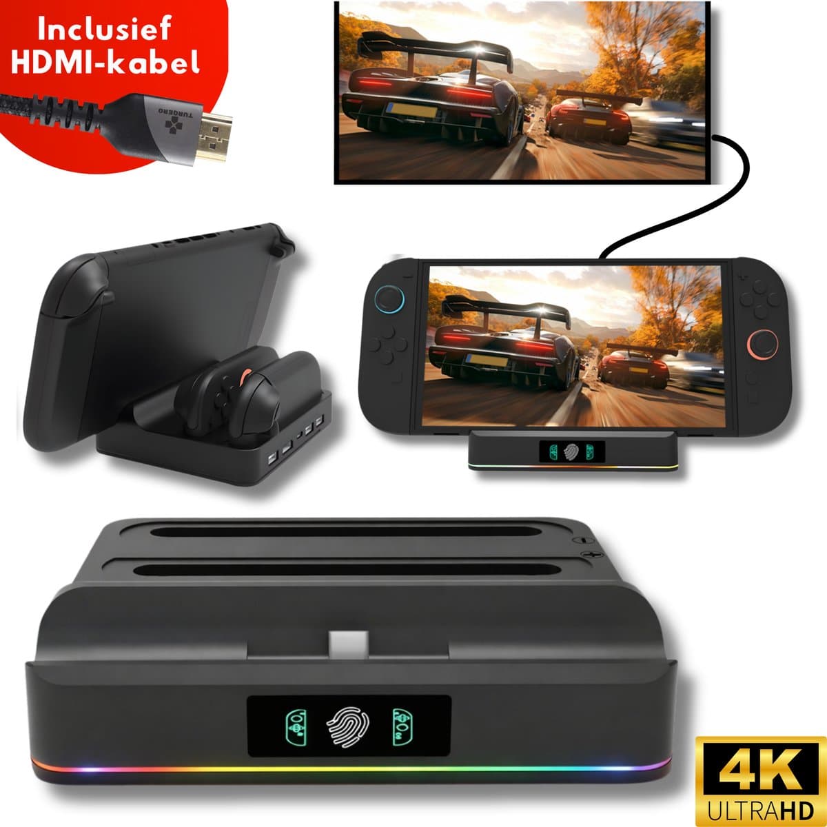 Turqero Nintendo Switch 2 TV Docking Station Set met RGB – 4K UHD – Oplaadstation met 2x Joy‑Con Oplaadplekken + Tv/Monitor aansluiting voor Schermprojectie - Switch 2 accessoires — afbeelding 1