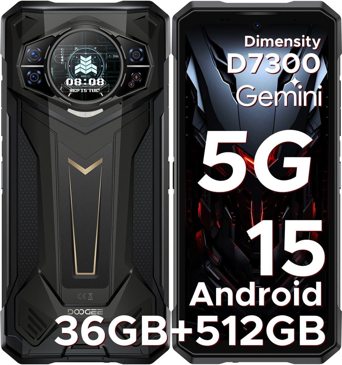 DOOGEE S200 PLUS 5G - Robuuste Smartphone - Robuuste Telefoon - 36 GB RAM + 512 GB ROM /2TB TF - Android 15 - 11100 mAh/33W - Dimensity 7300 - 6,72 inch + 120 Hz - Face ID - NFC - Bluetooth 5.4 -1.32" ronde AMOLED display - Zwart — afbeelding 1
