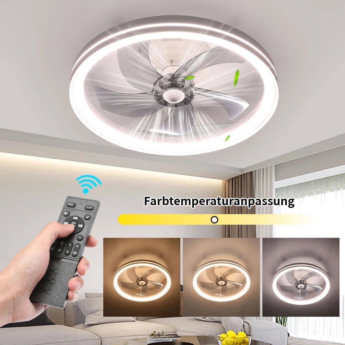 Seth Select LED-plafondlamp met ventilator - 46W ronde stille plafondventilator met verlichting - Plafondventilator - 48 cm - Woonkamerventilator dimbaar met afstandsbediening — afbeelding 1