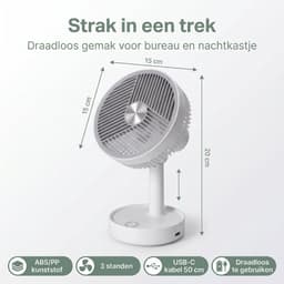 Cheqo® Tafelventilator - Bureauventilator - Mini Ventilator - USB Ventilator - Oplaadbare Ventilator - Draadloze Ventilator - Ventilator op Bureau - Witte Tafelventilator — thumbnail 3
