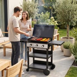 BIGHORN Gas Plancha BBQ met 3 Branders (7,2 kW) – Geëmailleerde Stalen Bakplaat – Grillwagen met Inklapbare Zijtafels – Zwart — thumbnail 5