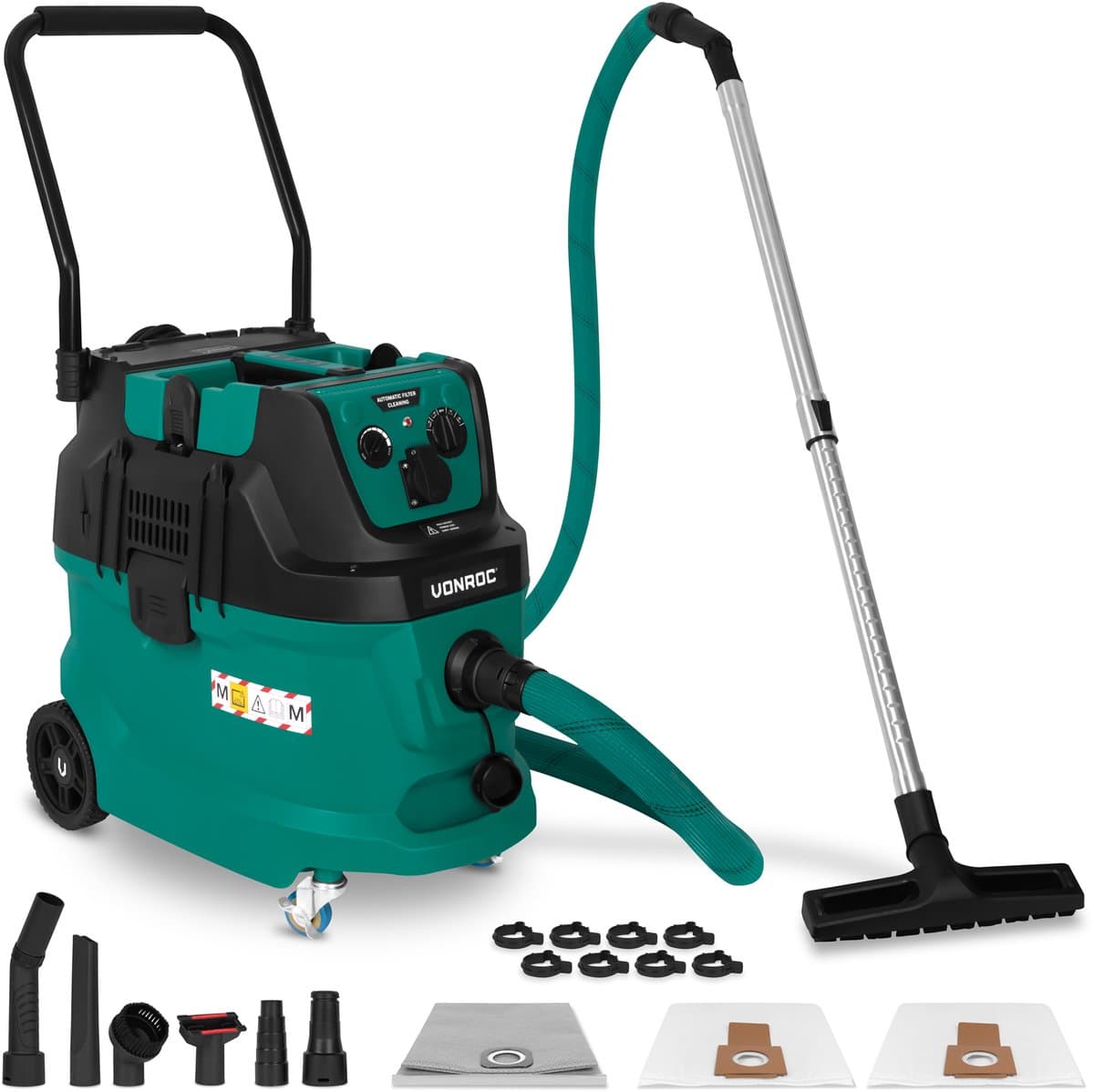 VONROC bouwstofzuiger nat/droog - M-klasse - 1600W - 22kPa - Automatische filterreiniging (klopfunctie) - HEPA H14 - 40L tank – Antistatische slang Ø35 mm — afbeelding 1
