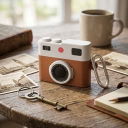 Bruin wit hoesje voor oordopjes unisex in retro camera vorm met karabijnhaak geschikt voor AirPods Pro 2 met leerlook structuur en reliëf details — thumbnail 2