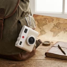 Wit hoesje voor oordopjes unisex in retro camera vorm met karabijnhaak geschikt voor AirPods Pro 2 met reliëf details en compact ontwerp — thumbnail 3