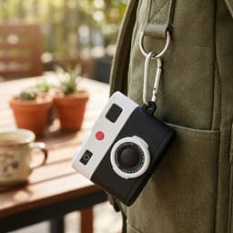 Zwart wit hoesje voor oordopjes unisex in retro camera vorm met karabijnhaak geschikt voor AirPods Pro 2 met reliëf details en compact ontwerp — thumbnail 5