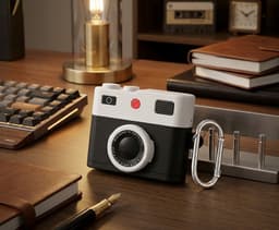 Zwart wit hoesje voor oordopjes unisex in retro camera vorm met karabijnhaak geschikt voor AirPods Pro 2 met reliëf details en compact ontwerp — thumbnail 3