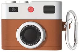 Bruin wit hoesje voor oordopjes unisex in retro camera vorm met karabijnhaak geschikt voor AirPods 4 met leerlook structuur en reliëf details — thumbnail 1