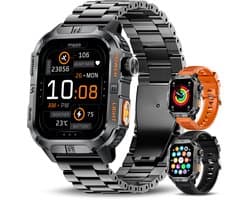 Maoo FORGE GPS Square - GPS Smartwatch Heren - Sporthorloge - 3 Bandjes - Stappenteller - Hartslagmeter - Slaapmonitor - Belfunctie - LED Zaklamp - Multisport - Geschikt voor Android en iOS - Gun Metal Orange