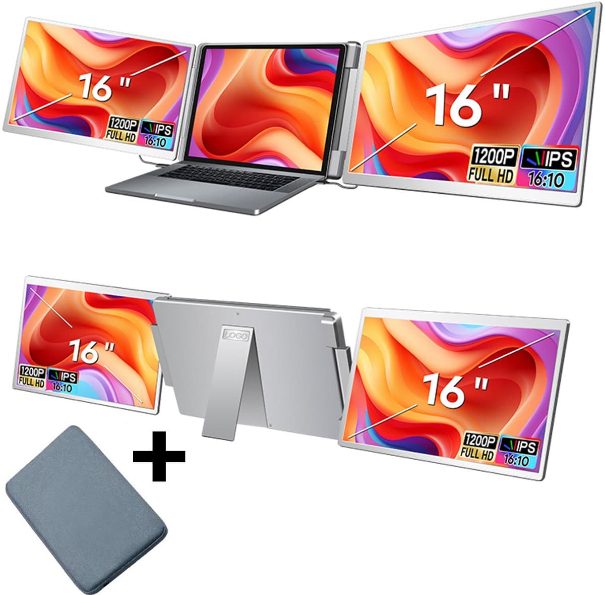 Stemap® Flex Portable Monitor Triple 16'' - Full HD 1920X1200P - Geschikt Voor 12” / 18.5” Tri-Screen - Laptop Scherm Uitbreider - Inclusief Beschermhoes en Kabels - 2 Jaar Garantie — afbeelding 1