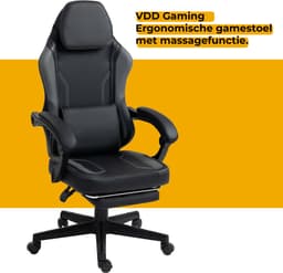 VDD Gaming - Gamestoel met massagefunctie en voetsteun - Gaming chair in de kleur Zwart/Grijs - Game stoel met nekkussen & verstelbaar rugkussen - Ergonomische bureaustoel met padded armsteunen - Max draagvermogen 150 kg - Verstelbare ruggensteun — thumbnail 5
