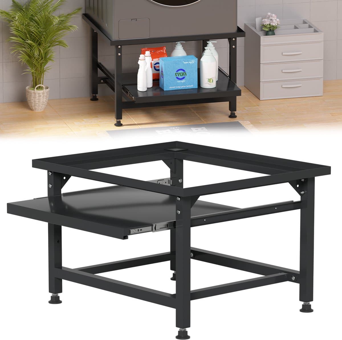 Wasmachine opbouwmeubel Zwart 150 kg belastbaar - 63x54x42cm - Wasmachine Verhoger Met uittrekbaar rek — afbeelding 1