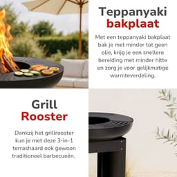 alpina 3-in-1 Vuurkorf en Grillplaat - Tuinhaard 61 x 90 cm - met Teppanyaki Bakplaat - Plancha BBQ met Brandhout Opslagplaats - Vuurkorf voor Buiten - Metaal — thumbnail 5