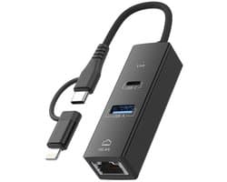 USB-C + 8-Pin naar USB-C Female + Ethernet (RJ45) + USB-A - geschikt voor Lightning - 3-in-1 Multiport Adapter kabel hub geschikt voor o.a. iPhone, iPad en Laptop - zwart