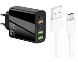 65W 5-Poorts USB Lader met Dual USB-C PD + 3X USB-A - Inclusief 1 meter 3A USB naar 8-Pin Kabel - Snellader - zwart