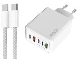 120W 5-Poorts Snellader - USB-C PD + QC3.0 - Incl. 1 meter USB-C naar USB-C kabel - Multiport USB Adapter lader geschikt voor telefoons, tablets etc. - wit