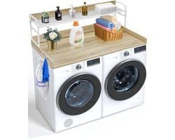 Werkblad voor Wasmachine En Droger met 2-Traps Plank, 137,2 X 68,6 cm Houten Werkblad voor Wasmachine En Droger met Antislipkussentjes, Waterafstotende Wastafel voor EfficiëNt