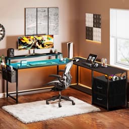 Gaming Bureau met LED Verlichting - 120x120x75cm - L-Vormig Game Bureau met Stopcontact - 2 Non Woven Lade - Gaming Desk - Computer Tafel - Gaming Tafel - Bureau voor Gamen, Studeren en Werken - Zwart — thumbnail 4