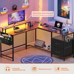 Gaming Bureau met LED Verlichting - 120x120x75cm - L-Vormig Game Bureau met Stopcontact - 2 Non Woven Lade - Gaming Desk - Computer Tafel - Gaming Tafel - Bureau voor Gamen, Studeren en Werken - Vintage Bruin — thumbnail 5
