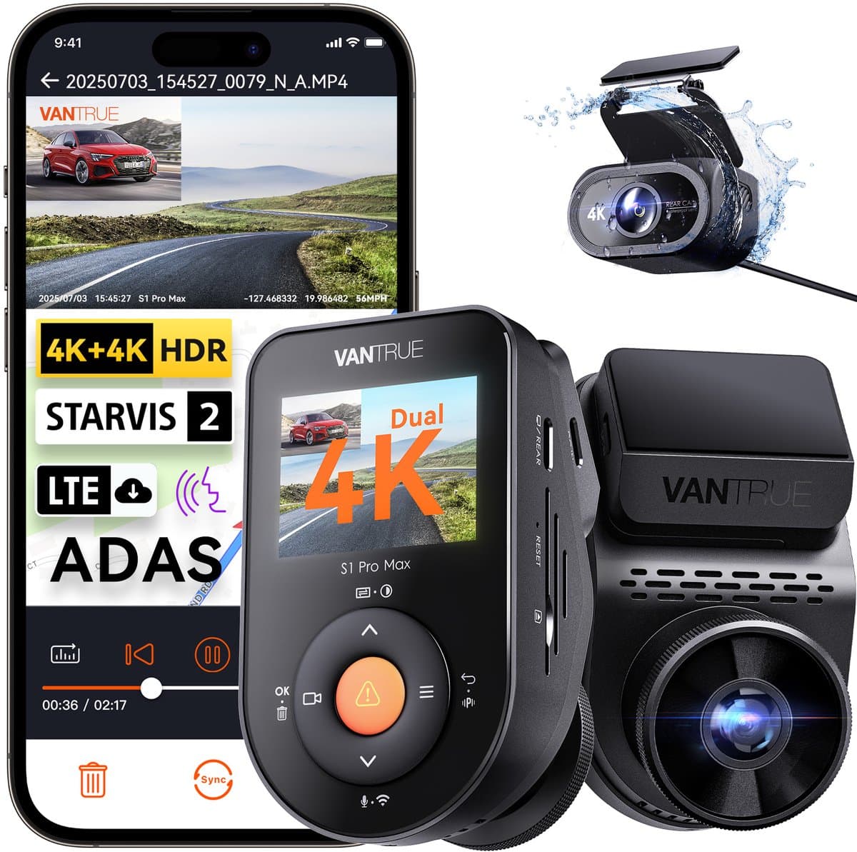 Vantrue S1 Pro Max 4K+4K Dashcam Voor- en Achterkant, Dual 2160P Dashcam met STARVIS 2 HDR PlatePix™ Nachtzicht, 5GHz WiFi, GPS-snelheid, 24/7 Parkeermodus, ADAS/BSD, Optionele LTE, Ondersteunt tot 1TB Max — afbeelding 1