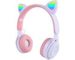 KINSI LED Kattenoren Koptelefoon - Draadloze Bluetooth Headset met Verlichte Oren - Voor Meisjes & Gaming,Wit-roze