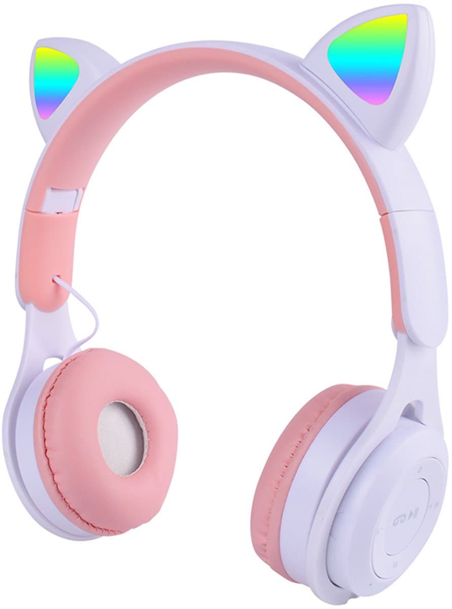 KINSI LED Kattenoren Koptelefoon - Draadloze Bluetooth Headset met Verlichte Oren - Voor Meisjes & Gaming,Wit-roze — afbeelding 1
