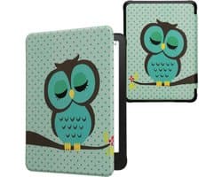 kwmobile e-reader hoesje geschikt voor Amazon Kindle Paperwhite (2024)/Colorsoft hoes - E reader flip case met magnetische sluiting - Ereader cover - Slapende Uil design in turquoise / bruin / mintgroen