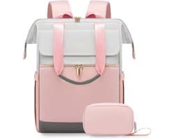 Vermanto Rugzak - Rugtas - Dames - Meisjes - Vrouwen - Laptop - Boekentas - Werk - School - Waterdicht - Roze - Grijs