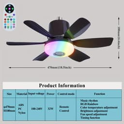 Bovista Plafondventilator - Met Verlichting - Plafond Ventilator - Met Lamp - Plafonniere Met Ventilator - Met Licht - Zwart - 47cm — thumbnail 2