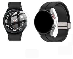 Strap-it Smartwatch band + Screenprotector - magnetische siliconen horlogeband geschikt voor Samsung Galaxy Watch 6 Classic 47mm - Sportarmband - Siliconen band - Silicoon - Zwart