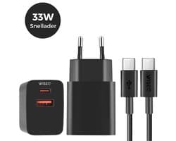 WiseQ 33W Ultra-Snellader - Dubbele snellader USB A & USB C Poorten - Snellader geschikt voor Samsung Inclusief 2m USB-C - USB C Kabel - Premium Zwart
