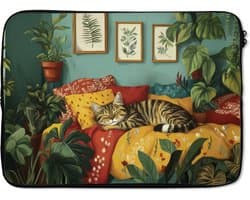 Laptophoes 14 inch - Kat - Planten - Groen - Laptop sleeve - Binnenmaat 33x23 cm - Zwarte achterkant