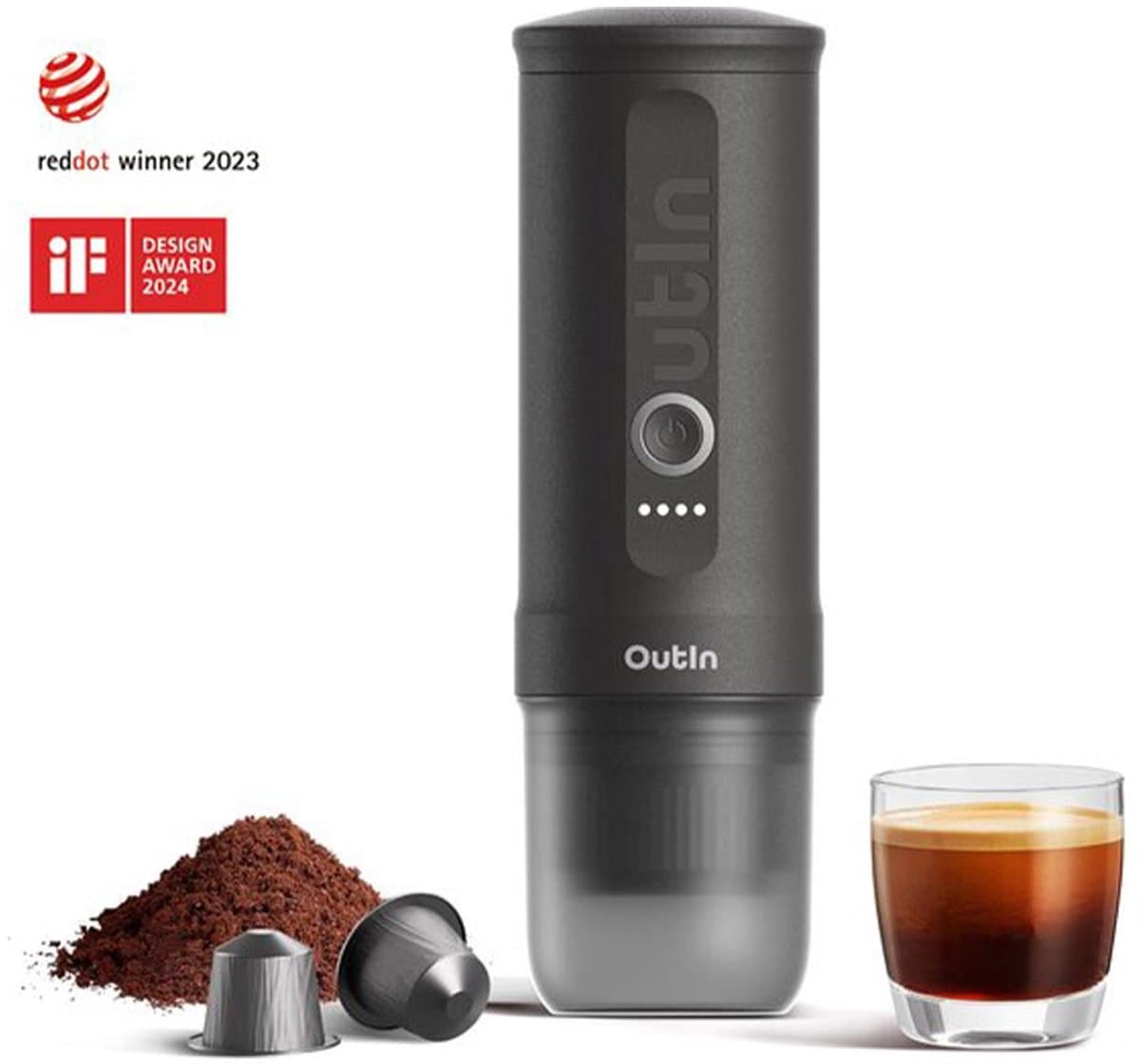 Outin - Draagbare Elektrische Espressomachine | Koffiezet apparaat voor Onderweg | Capsules & Gemalen Koffie | Portable Espresso Machine | Snelle Waterverwarming | 20 bar | Draagbare Koffiemachine | Reis & Camping Koffiezetapparaat | 12 volt — afbeelding 1
