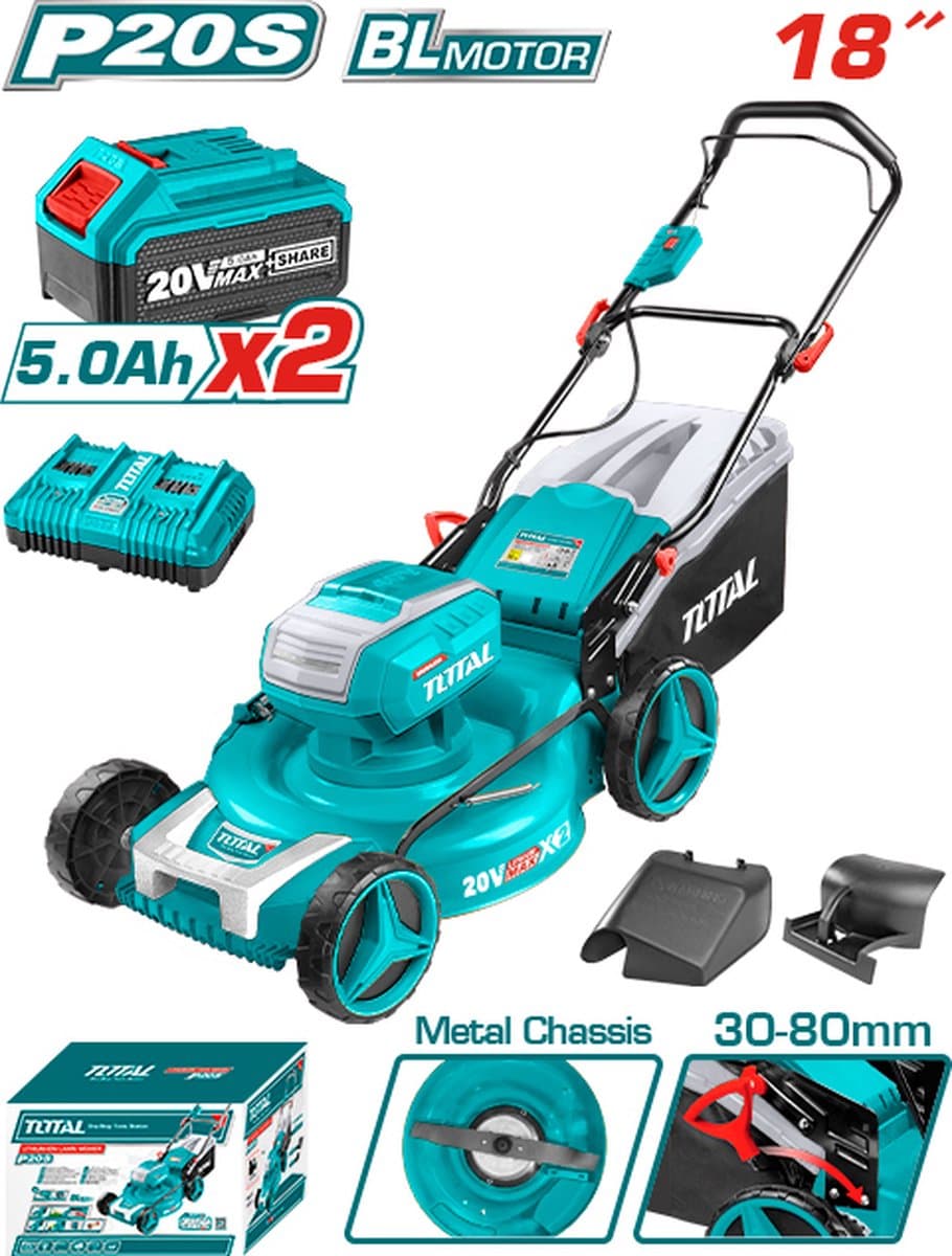 Grasmaaier - Incl. 2 x Lithium ion 5,0ah 20V - 2800rpm - 46 cm maaidiameter - Stalen body 60L opvangcapaciteit - 30-80mm maaihoogte capaciteit - 8 hoogtestanden - 3 maaifuncties - Inclusief 2x accu, 1x lader & 3x accessoires — afbeelding 1