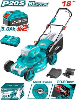 Grasmaaier - Incl. 2 x Lithium ion 5,0ah 20V - 2800rpm - 46 cm maaidiameter - Stalen body 60L opvangcapaciteit - 30-80mm maaihoogte capaciteit - 8 hoogtestanden - 3 maaifuncties - Inclusief 2x accu, 1x lader & 3x accessoires — thumbnail 1