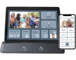 PRIFORA Zorg-Tablet met Gratis Prifora App. Verbind hele familie met Beeldbellen. Ideaal voor Mantelzorgers en Zorgverleners. Eenvoudig bedienen, ook op afstand met App. Basis Station Speakers voor goed geluid, draadloos opladen, Automatisch Diashow
