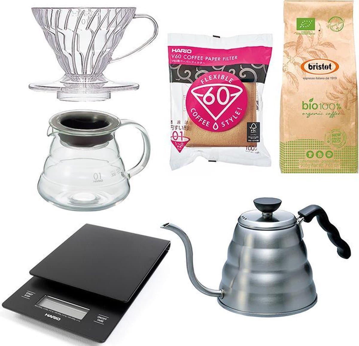 Hario V60 Range Server Slow Coffee starter set 1-2 kops + Bristot BIO 100% biologische koffie — afbeelding 1