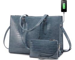 Lubellie® Crolina Tweedelige elegante Dames Handtassen set met een USB-oplaad poort - Dames laptoptas - Schoudertas - Een laptopvak voor 15,6 inch Laptops - Met gratis clutch - Blauw