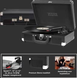 Platenspeler Bluetooth - Retro - Koffer - Met ingebouwde speaker - Zwart van Zedar — thumbnail 2
