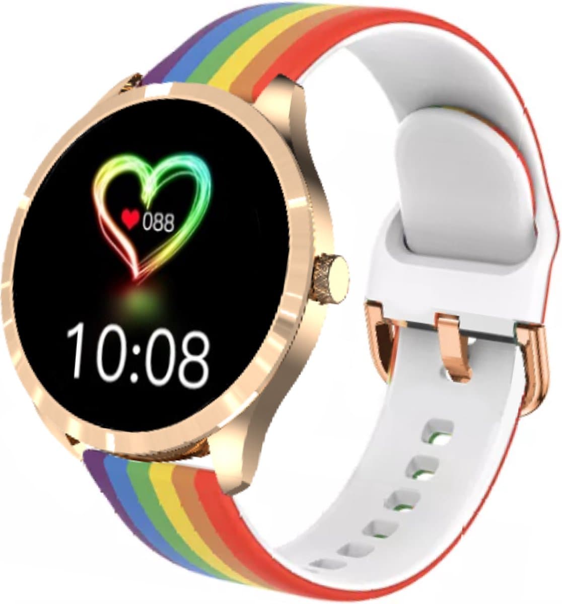Belesy® BQSiRgRb PLUS - Smartwatch Dames – Smartwatch Heren - Horloge - 1.28 inch - Kleurenscherm - Stappenteller - Bloeddruk - Hartslag - 75+ Wijzerplaten – Sporten – Rose Goud - Siliconen - Regenboog - Kerstcadeau — afbeelding 1